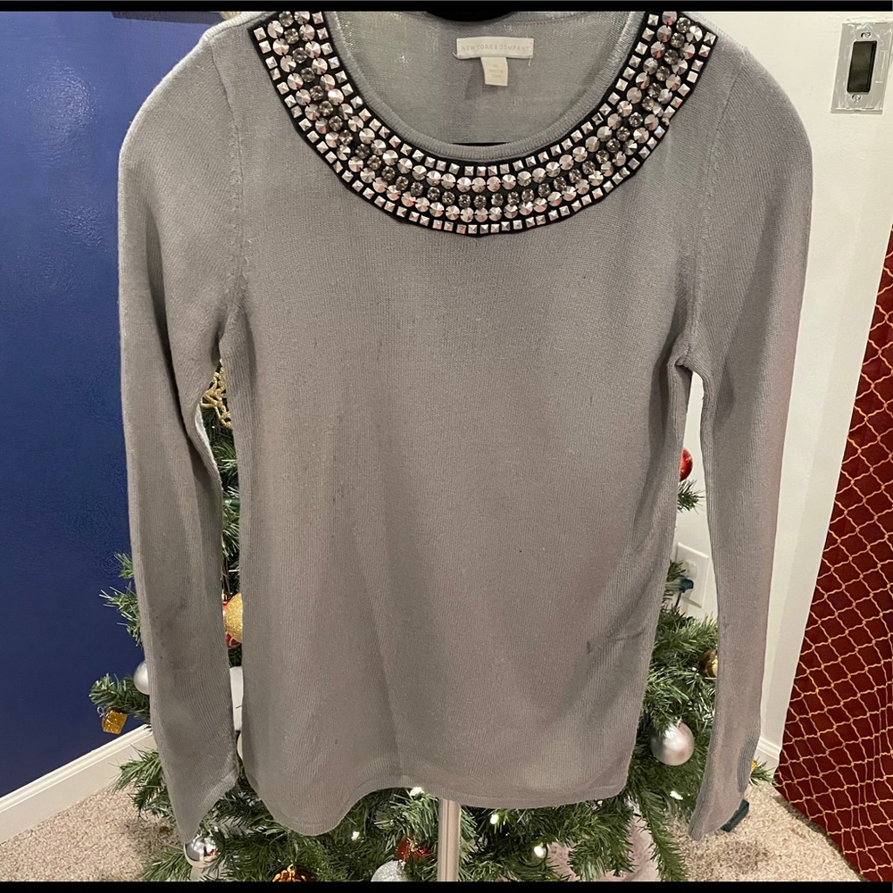 New York & Company Grey Sweater with Silver Detail